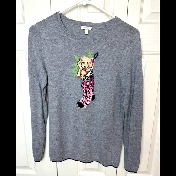 TALBOTS Christmas Sweater Puppy Dog Stocking Tree Golden Retriever Gray speckled - Picture 1 of 7